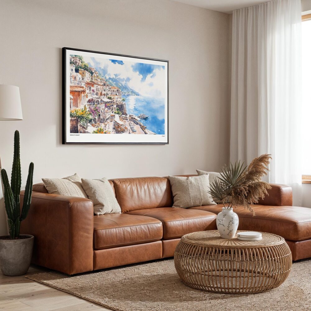 01 - Framed Amalfi Coast Watercolor Art - Horizontal Canvas Print - Boho Living Room.jpg 01 - Framed Amalfi Coast Watercolor Art - Horizontal Canvas Print - Boho Living Room.jpg