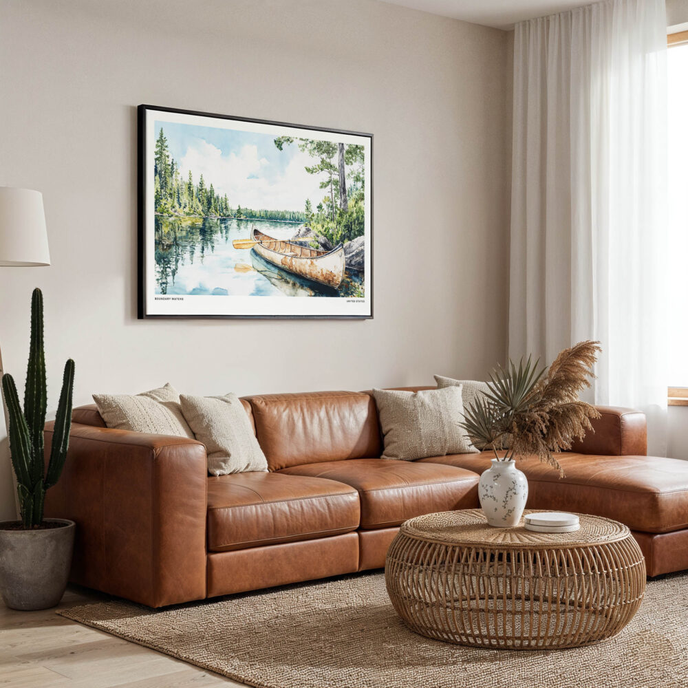 01 - Framed Boundary Waters Watercolor - Horizontal Canvas Print - Boho Living Room.jpg 01 - Framed Boundary Waters Watercolor - Horizontal Canvas Print - Boho Living Room.jpg