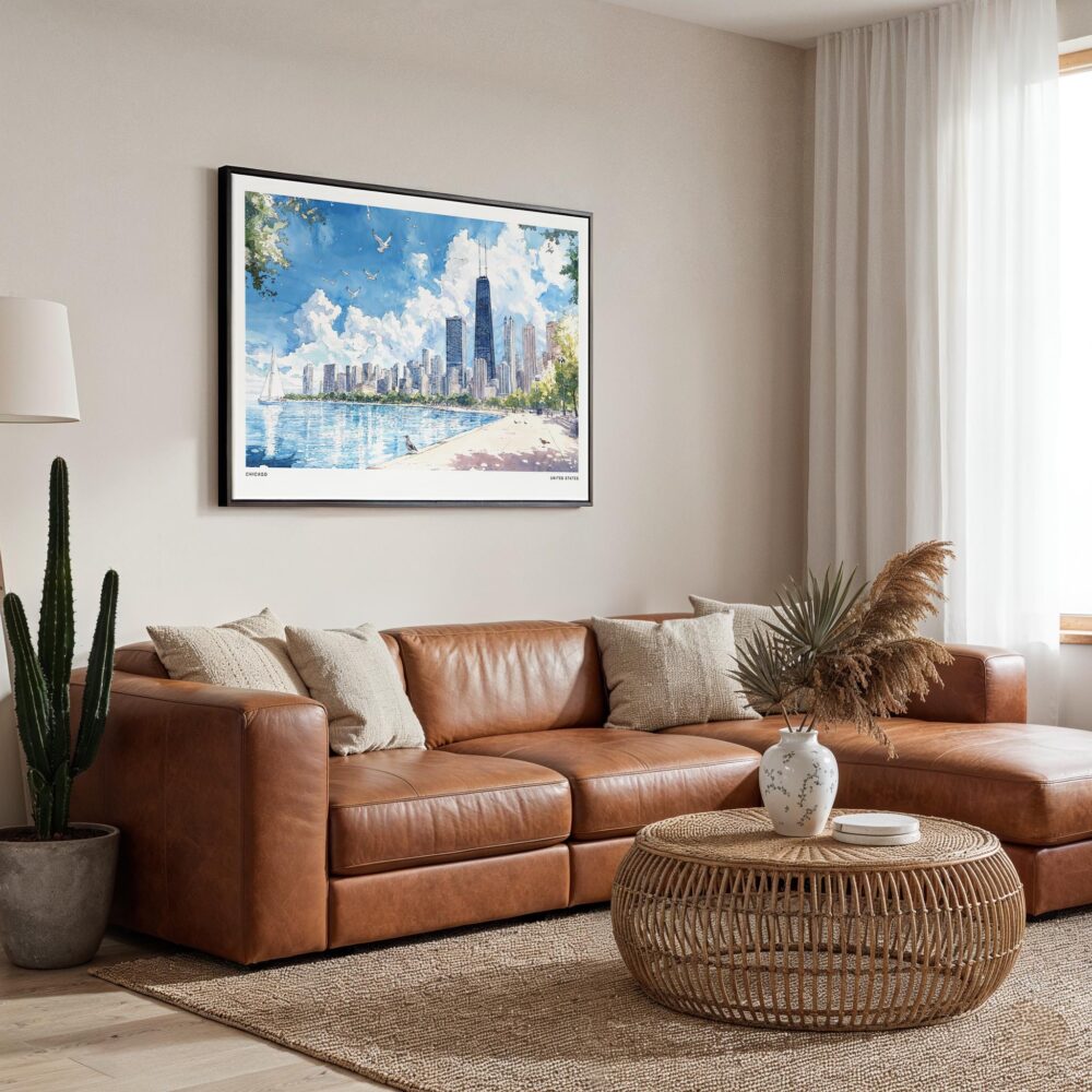 01 - Framed Chicago Skyline Watercolor Art - Horizontal Canvas Print - Boho Living Room.jpg 01 - Framed Chicago Skyline Watercolor Art - Horizontal Canvas Print - Boho Living Room.jpg