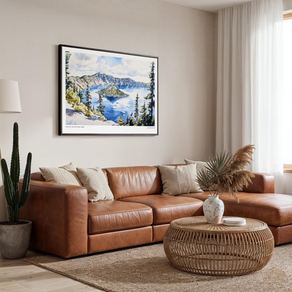 01 - Framed Crater Lake National Park Watercolor - Horizontal Canvas Print - Boho Living Room.jpg 01 - Framed Crater Lake National Park Watercolor - Horizontal Canvas Print - Boho Living Room.jpg