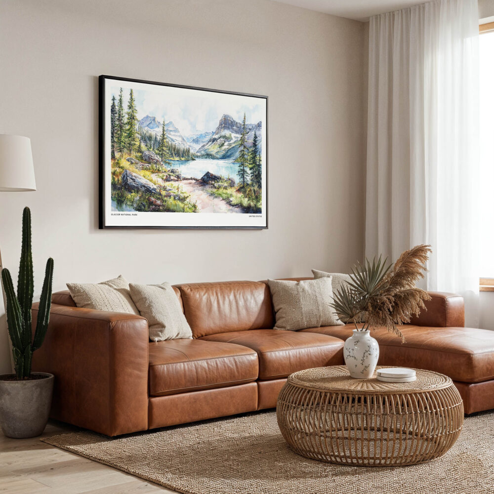 01 - Framed Glacier National Park Watercolor - Horizontal Canvas Print - Boho Living Room.jpg 01 - Framed Glacier National Park Watercolor - Horizontal Canvas Print - Boho Living Room.jpg
