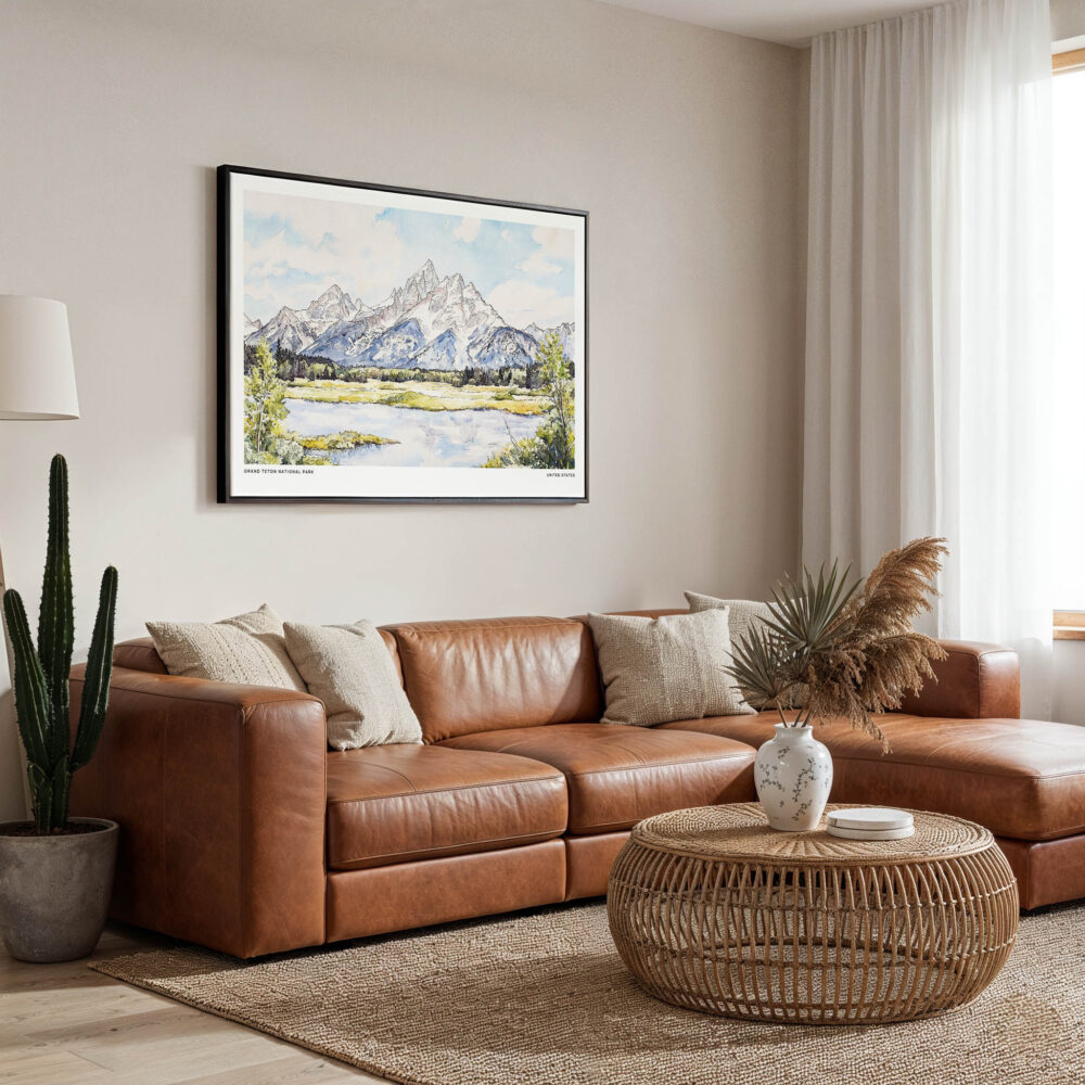 01 - Framed Grand Teton National Park Watercolor - Horizontal Canvas Print - Boho Living Room.jpg 01 - Framed Grand Teton National Park Watercolor - Horizontal Canvas Print - Boho Living Room.jpg