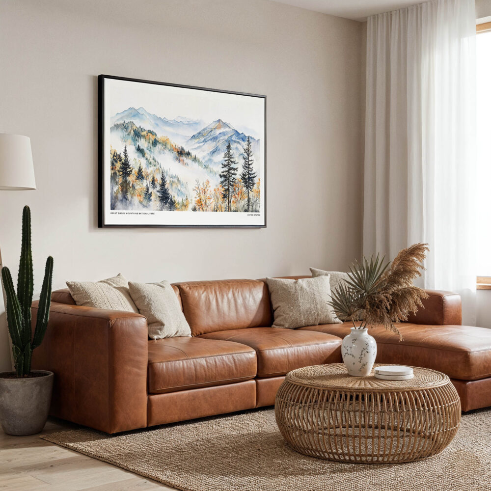 01 - Framed Great Smoky Mountains National Park Watercolor - Horizontal Canvas Print - Boho Living Room.jpg 01 - Framed Great Smoky Mountains National Park Watercolor - Horizontal Canvas Print - Boho Living Room.jpg
