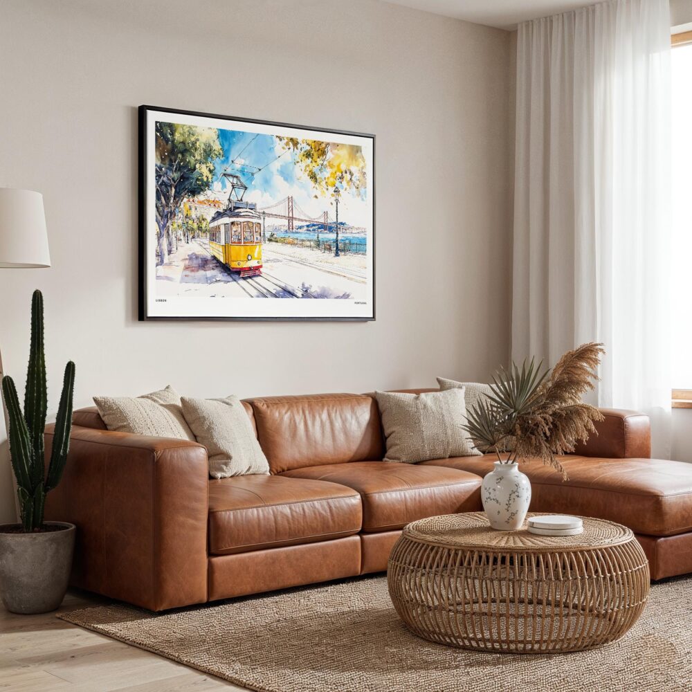 01 - Framed Lisbon Portugal Yellow Tram Watercolor Art - Horizontal Canvas Print - Boho Living Room.jpg 01 - Framed Lisbon Portugal Yellow Tram Watercolor Art - Horizontal Canvas Print - Boho Living Room.jpg