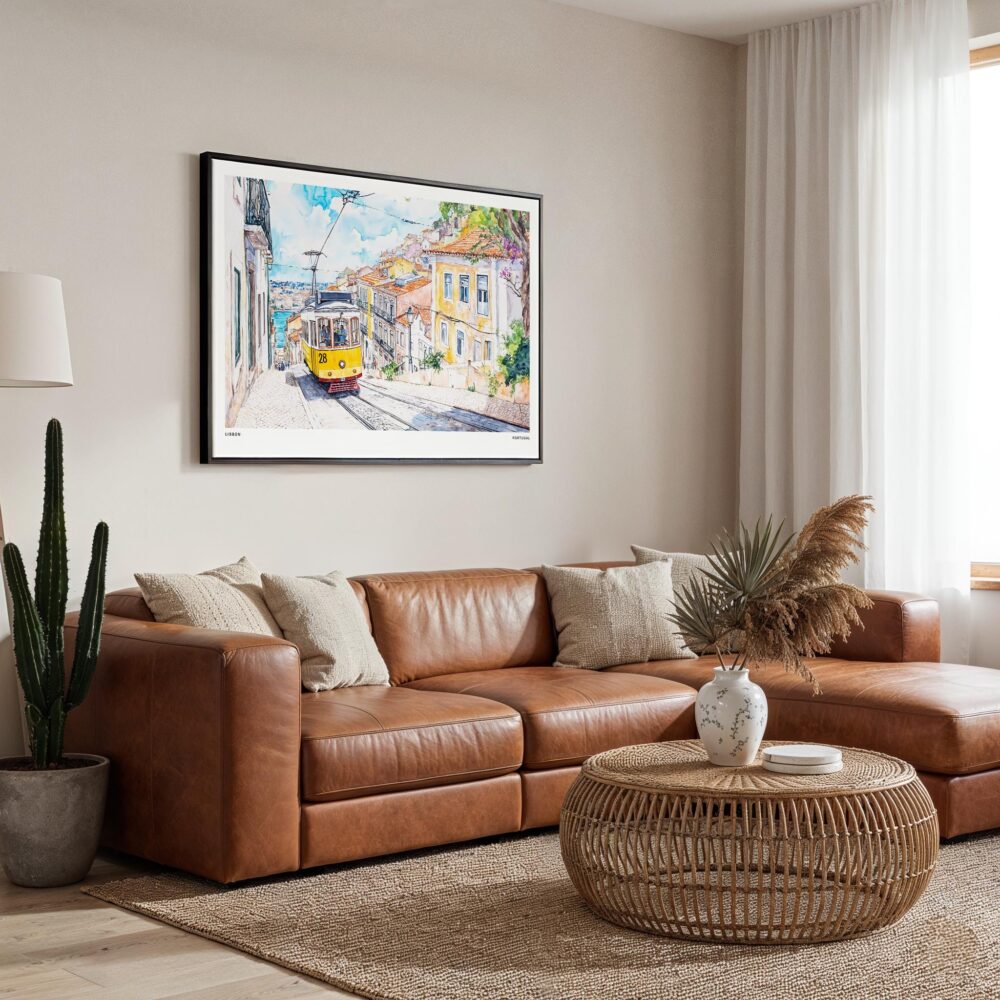 01 - Framed Lisbon Watercolor Art - Horizontal Canvas Print - Boho Living Room.jpg 01 - Framed Lisbon Watercolor Art - Horizontal Canvas Print - Boho Living Room.jpg