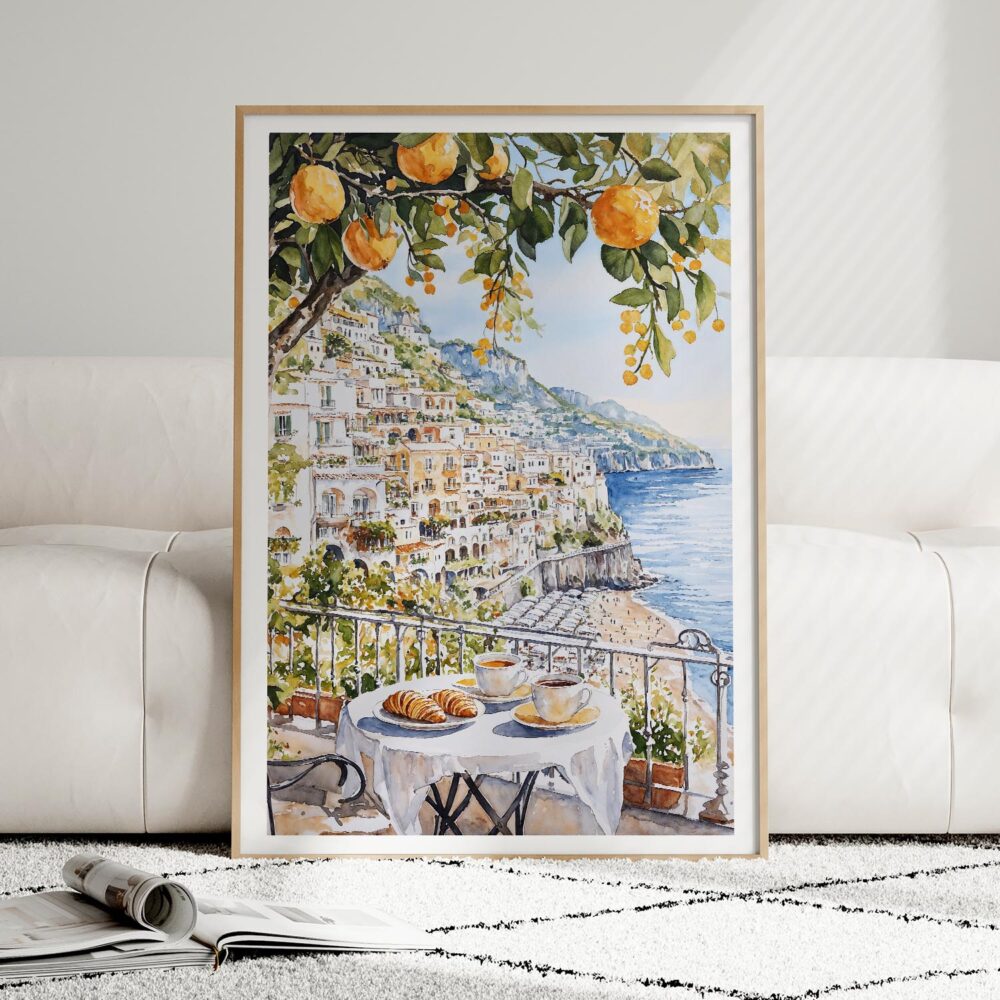 01 - Framed Morning Coffee in Amalfi Coast Watercolor Art Print leaning against couch - Vertical.jpg 01 - Framed Morning Coffee in Amalfi Coast Watercolor Art Print leaning against couch - Vertical.jpg