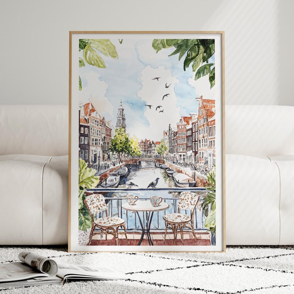 01 - Framed Morning Coffee in Amsterdam Watercolor Art Print leaning against couch - Vertical.jpg 01 - Framed Morning Coffee in Amsterdam Watercolor Art Print leaning against couch - Vertical.jpg