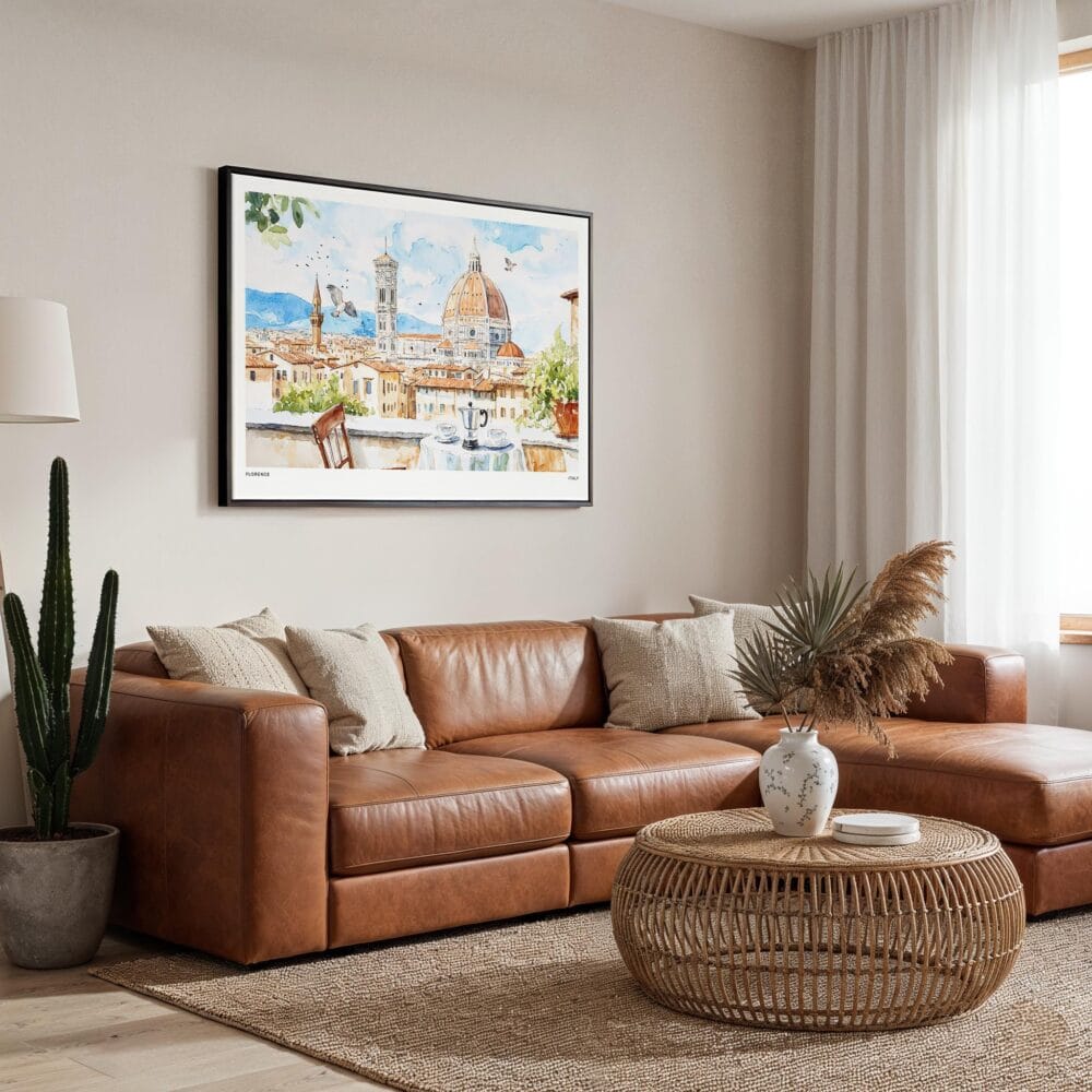 01 - Framed Morning Coffee in Florence Italy with Cathedral Watercolor Art - Horizontal Canvas Print - Boho Living Room.jpg 01 - Framed Morning Coffee in Florence Italy with Cathedral Watercolor Art - Horizontal Canvas Print - Boho Living Room.jpg
