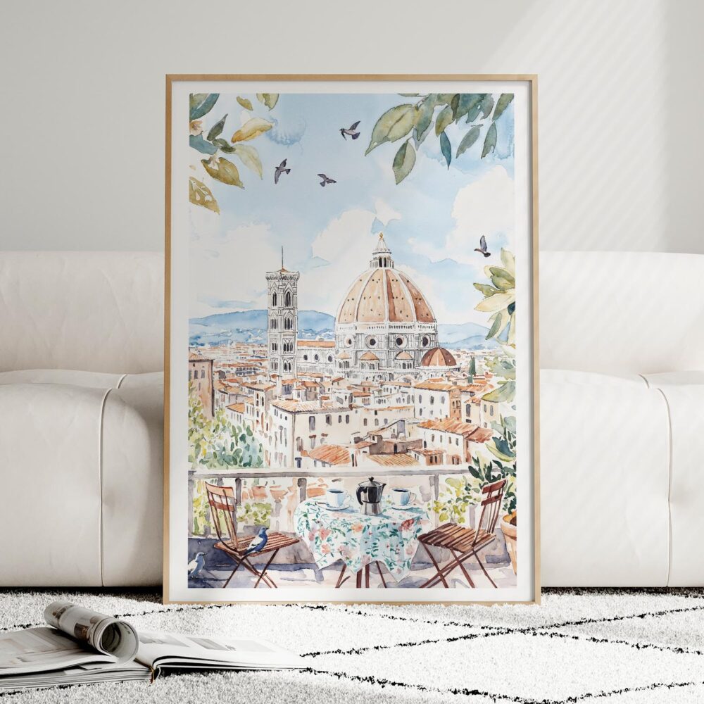 01 - Framed Morning Coffee in Florence Watercolor Art Print leaning against couch - Vertical.jpg 01 - Framed Morning Coffee in Florence Watercolor Art Print leaning against couch - Vertical.jpg
