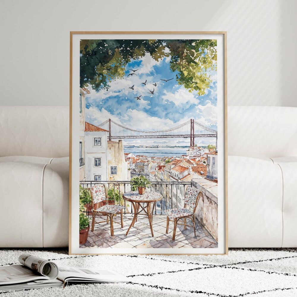01 - Framed Morning Coffee in Lisbon Watercolor Art Print leaning against couch - Vertical.jpg 01 - Framed Morning Coffee in Lisbon Watercolor Art Print leaning against couch - Vertical.jpg