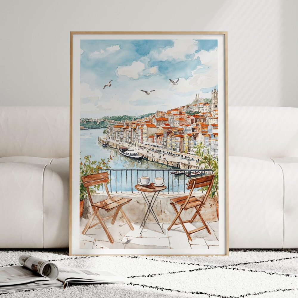 01 - Framed Morning Coffee in Porto Watercolor Art Print leaning against couch - Vertical.jpg 01 - Framed Morning Coffee in Porto Watercolor Art Print leaning against couch - Vertical.jpg
