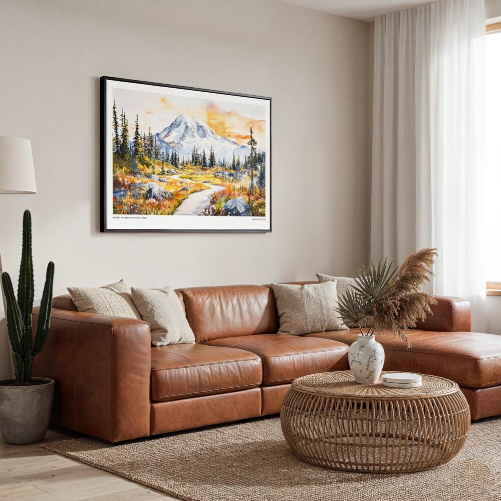 01 - Framed Mount Rainier National Park Watercolor - Horizontal Canvas Print - Boho Living Room.jpg 01 - Framed Mount Rainier National Park Watercolor - Horizontal Canvas Print - Boho Living Room.jpg