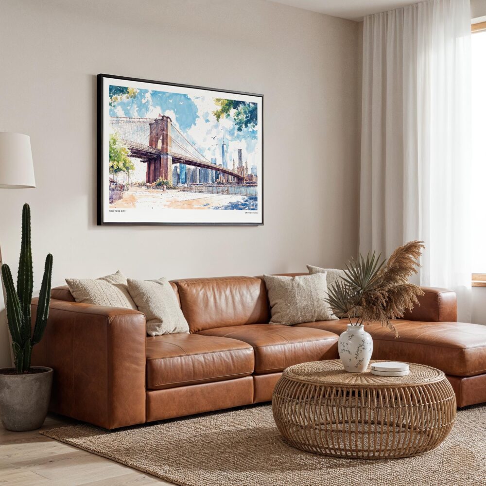 01 - Framed NYC Brooklyn Bridge Watercolor Art - Horizontal Canvas Print - Boho Living Room.jpg 01 - Framed NYC Brooklyn Bridge Watercolor Art - Horizontal Canvas Print - Boho Living Room.jpg