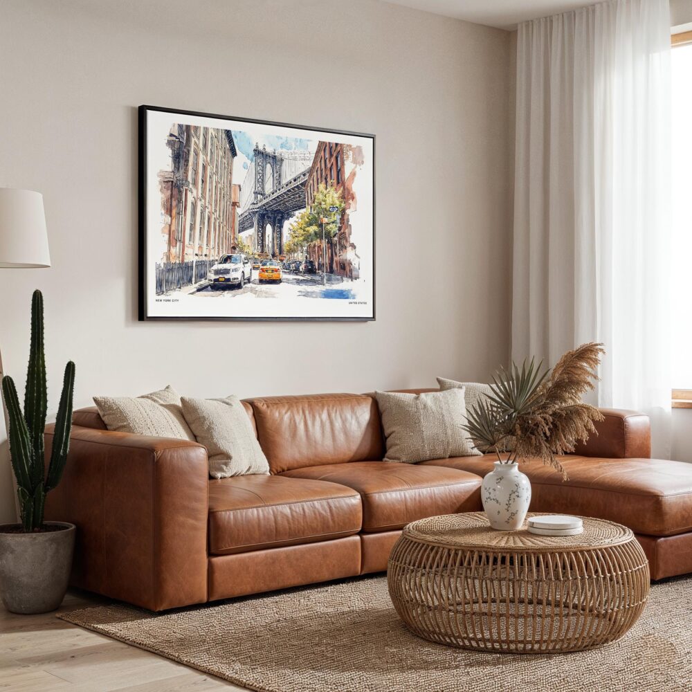01 - Framed NYC Manhattan Bridge Watercolor Art - Horizontal Canvas Print - Boho Living Room.jpg 01 - Framed NYC Manhattan Bridge Watercolor Art - Horizontal Canvas Print - Boho Living Room.jpg