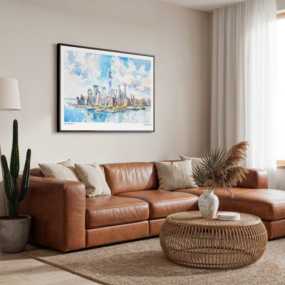01 - Framed New York City Skyline Watercolor Art - Horizontal Canvas Print - Boho Living Room.jpg 01 - Framed New York City Skyline Watercolor Art - Horizontal Canvas Print - Boho Living Room.jpg