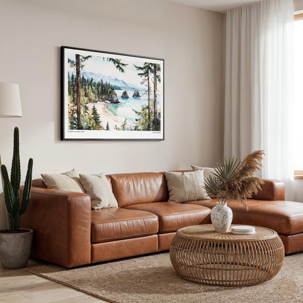 01 - Framed Olympic National Park Watercolor - Horizontal Canvas Print - Boho Living Room.jpg 01 - Framed Olympic National Park Watercolor - Horizontal Canvas Print - Boho Living Room.jpg