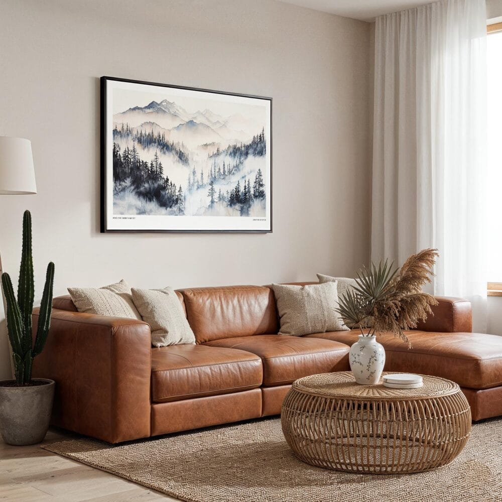 01 - Framed Pacific Northwest Watercolor - Horizontal Canvas Print - Boho Living Room.jpg 01 - Framed Pacific Northwest Watercolor - Horizontal Canvas Print - Boho Living Room.jpg
