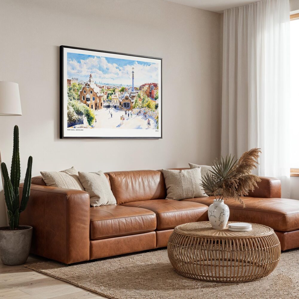 01 - Framed Park Guell Spain Watercolor Art - Horizontal Canvas Print - Boho Living Room.jpg 01 - Framed Park Guell Spain Watercolor Art - Horizontal Canvas Print - Boho Living Room.jpg
