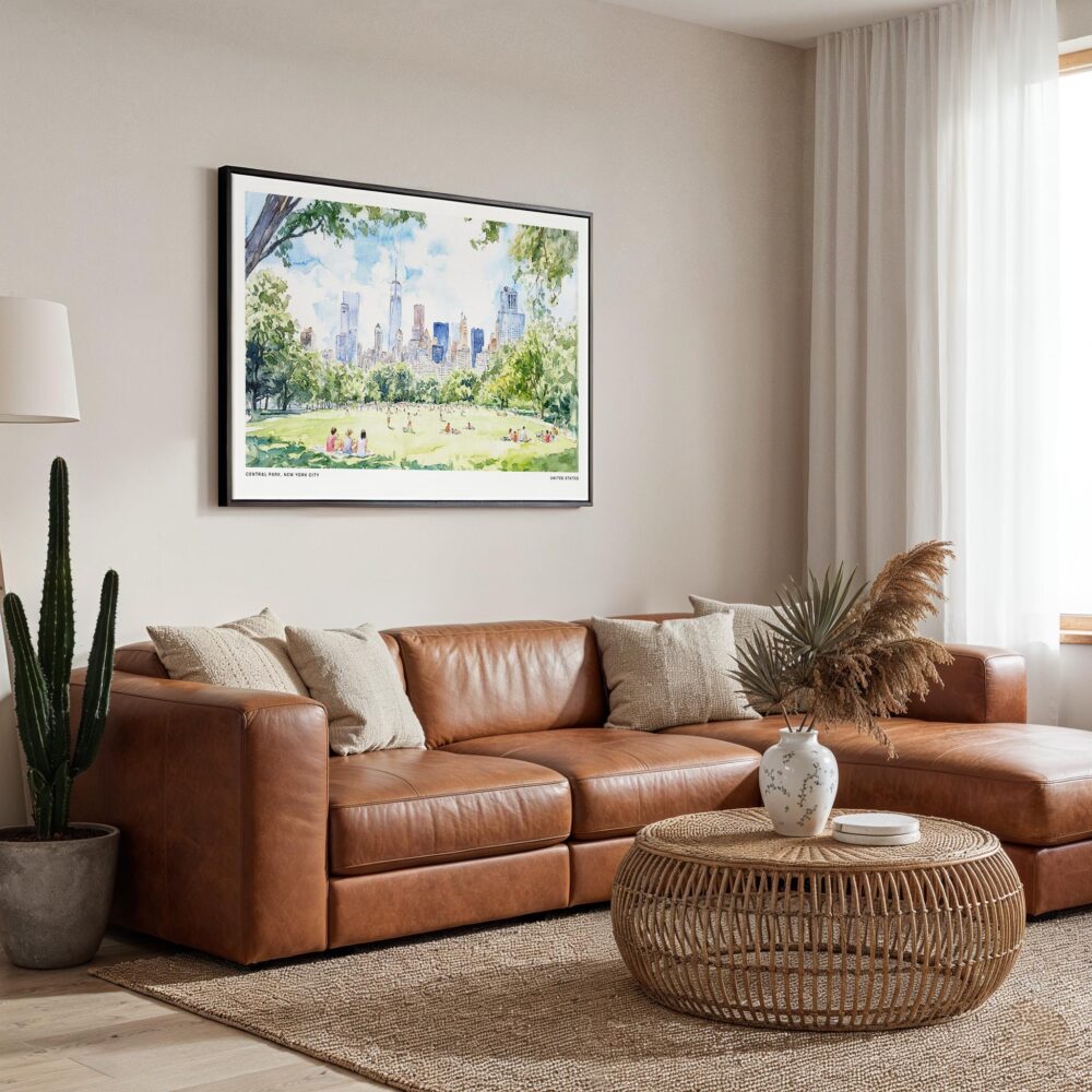 01 - Framed Picnic in Central Park New York Watercolor Art - Horizontal Canvas Print - Boho Living Room.jpg 01 - Framed Picnic in Central Park New York Watercolor Art - Horizontal Canvas Print - Boho Living Room.jpg
