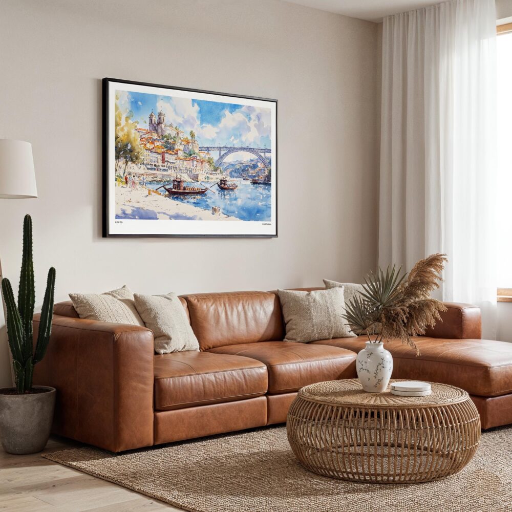 01 - Framed Porto Portugal Watercolor Art - Horizontal Canvas Print - Boho Living Room.jpg 01 - Framed Porto Portugal Watercolor Art - Horizontal Canvas Print - Boho Living Room.jpg