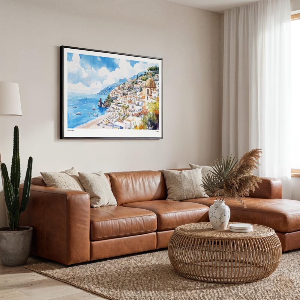 01 - Framed Positano Italy Watercolor Art - Horizontal Canvas Print - Boho Living Room.jpg 01 - Framed Positano Italy Watercolor Art - Horizontal Canvas Print - Boho Living Room.jpg