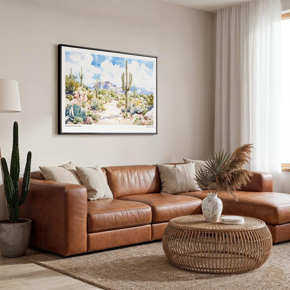 01 - Framed Saguaro National Park Watercolor - Horizontal Canvas Print - Boho Living Room.jpg 01 - Framed Saguaro National Park Watercolor - Horizontal Canvas Print - Boho Living Room.jpg