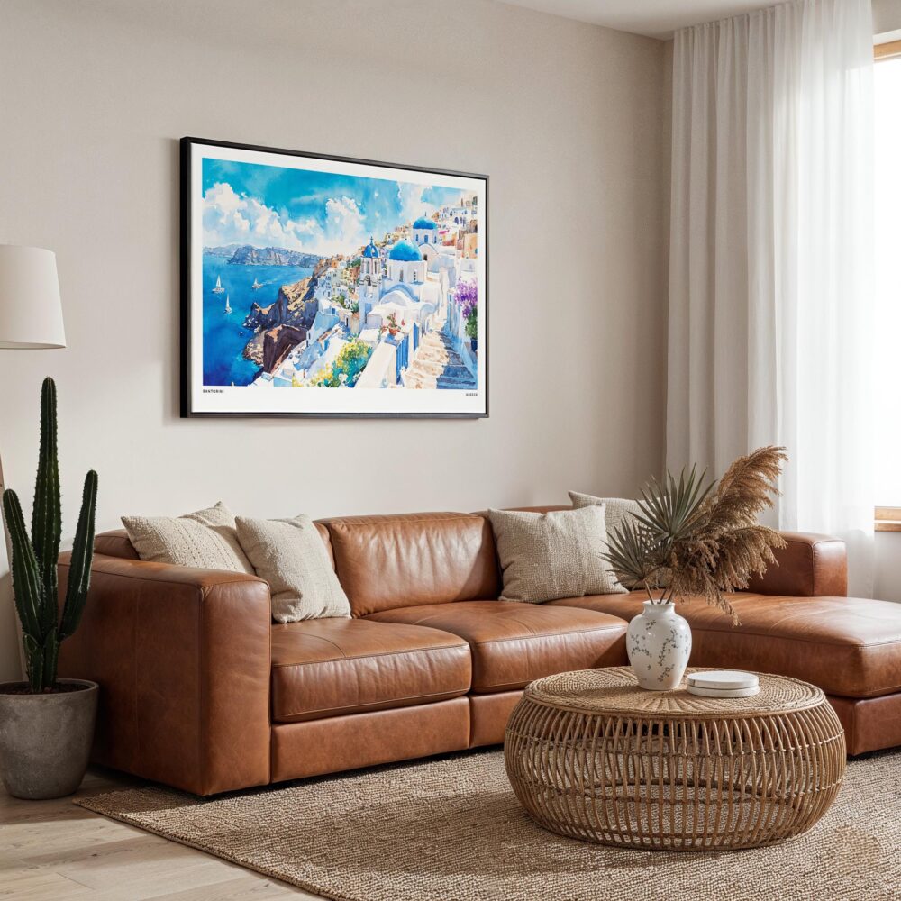 01 - Framed Santorini Blue Dome Church Watercolor Art - Horizontal Canvas Print - Boho Living Room.jpg 01 - Framed Santorini Blue Dome Church Watercolor Art - Horizontal Canvas Print - Boho Living Room.jpg