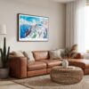 01 - Framed Santorini Blue Dome Church Watercolor Art - Horizontal Canvas Print - Boho Living Room.jpg
