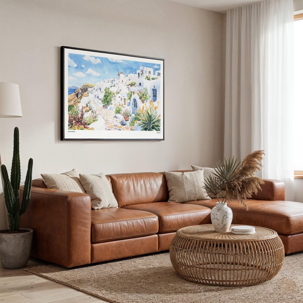 01 - Framed Santorini Watercolor Art - Horizontal Canvas Print - Boho Living Room.jpg 01 - Framed Santorini Watercolor Art - Horizontal Canvas Print - Boho Living Room.jpg