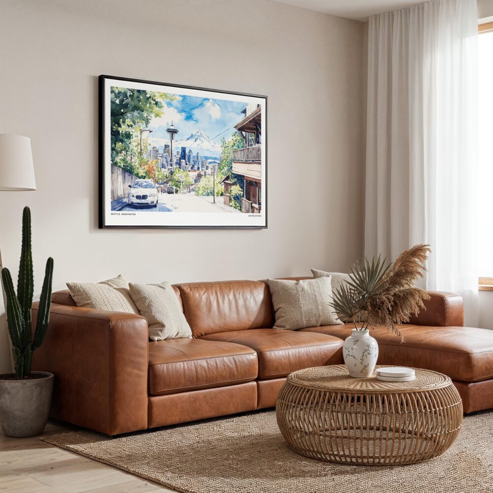 01 - Framed Seattle Skyline Watercolor Art - Horizontal Canvas Print - Boho Living Room.jpg 01 - Framed Seattle Skyline Watercolor Art - Horizontal Canvas Print - Boho Living Room.jpg