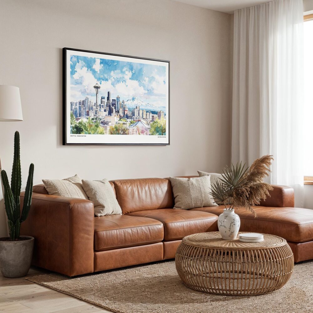 01 - Framed Seattle Skyline with Mount Rainier Watercolor Art - Horizontal Canvas Print - Boho Living Room.jpg 01 - Framed Seattle Skyline with Mount Rainier Watercolor Art - Horizontal Canvas Print - Boho Living Room.jpg