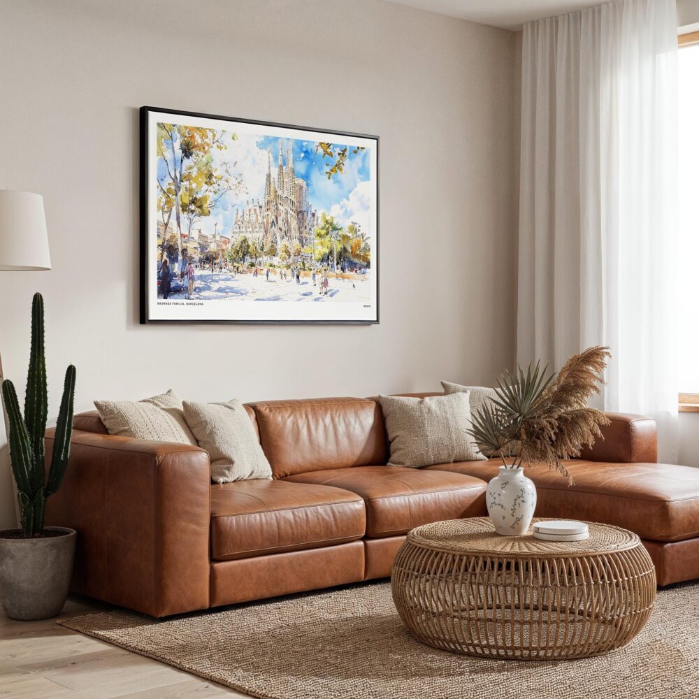 01 - Framed Spain Sagrada Familia Watercolor Art - Horizontal Canvas Print - Boho Living Room.jpg 01 - Framed Spain Sagrada Familia Watercolor Art - Horizontal Canvas Print - Boho Living Room.jpg
