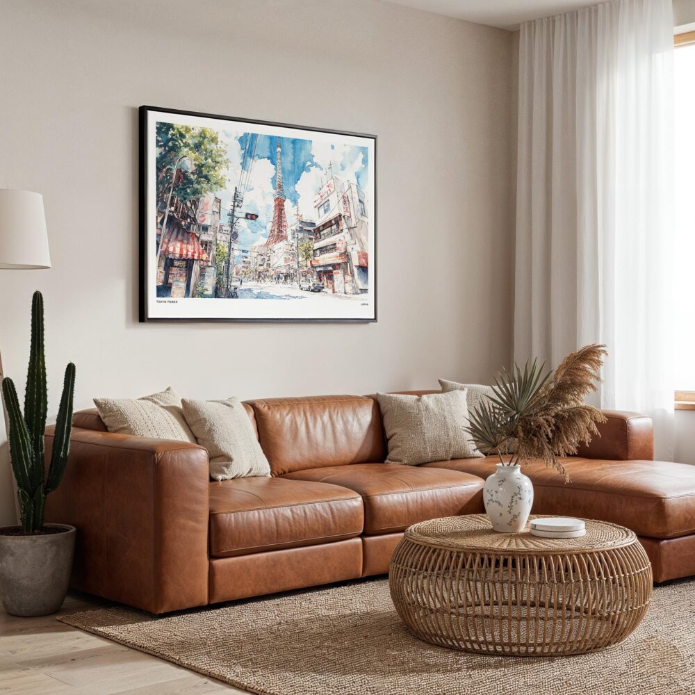 01 - Framed Tokyo Tower Watercolor Art - Horizontal Canvas Print - Boho Living Room.jpg 01 - Framed Tokyo Tower Watercolor Art - Horizontal Canvas Print - Boho Living Room.jpg
