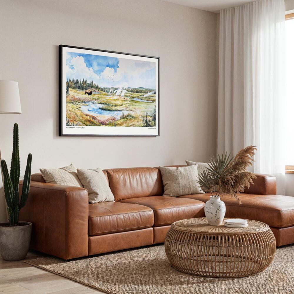 01 - Framed Yellowstone National Park Watercolor - Horizontal Canvas Print - Boho Living Room.jpg 01 - Framed Yellowstone National Park Watercolor - Horizontal Canvas Print - Boho Living Room.jpg