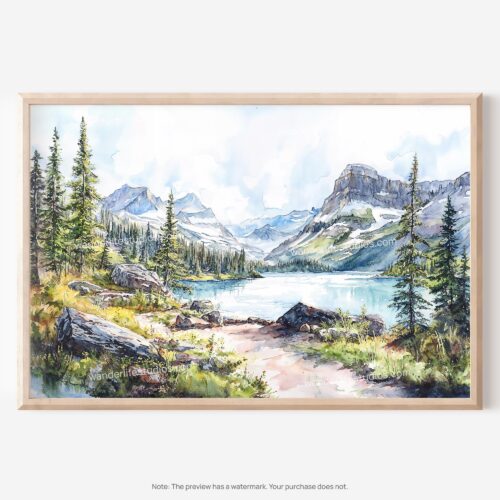 01 - Glacier National Park Watercolor - Horizontal Art - Digital Download - Main.jpg