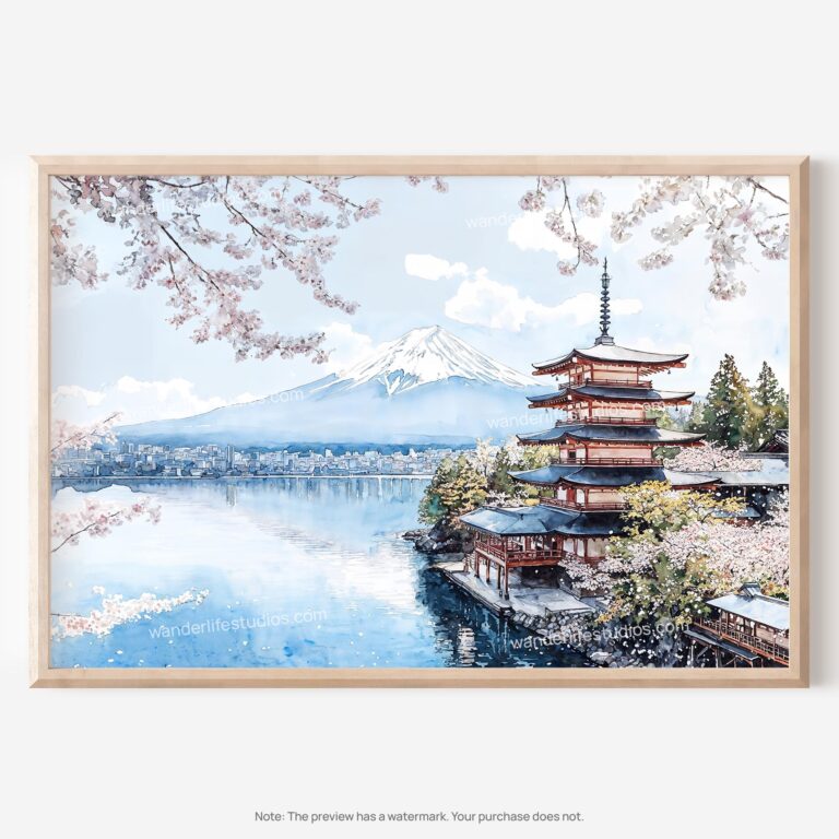 01 - Japan Mount Fuji Watercolor Art - Horizontal Art - Digital Download - Main.jpg