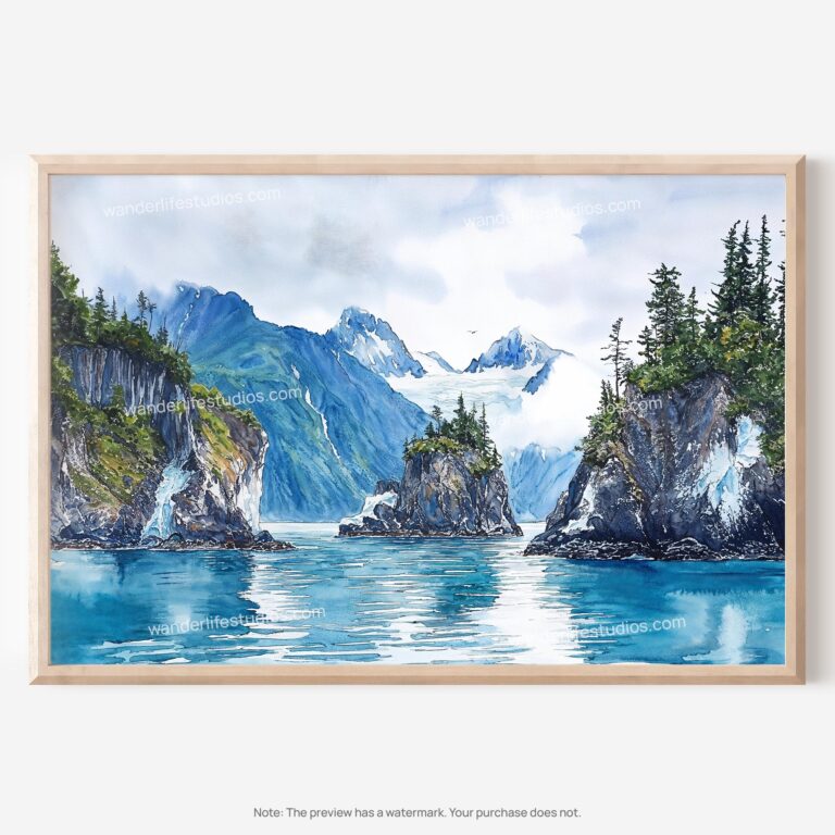01 - Kenai Fjords National Park Watercolor - Horizontal Art - Digital Download - Main.jpg