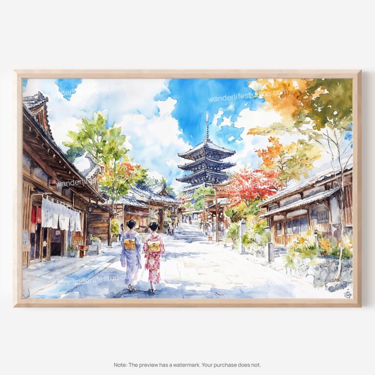 01 - Kyoto Japan Watercolor Art - Horizontal Art - Digital Download - Main.jpg