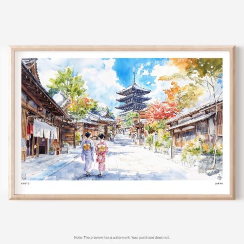 01 - Kyoto Japan Watercolor Art - Horizontal Art - Digital Download - Main.jpg