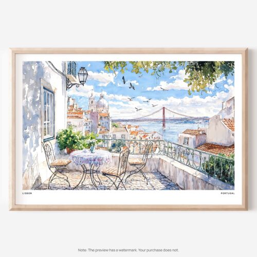 01 - Lisbon Portugal Watercolor Art - Horizontal Art - Digital Download - Main.jpg