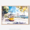 01 - Lisbon Portugal Yellow Tram Watercolor Art - Horizontal Art - Digital Download - Main.jpg