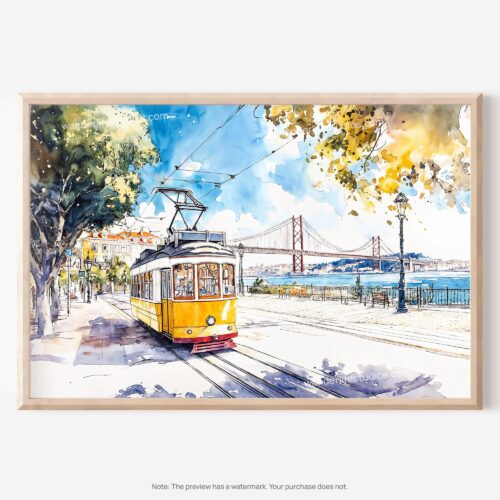 01 - Lisbon Portugal Yellow Tram Watercolor Art - Horizontal Art - Digital Download - Main.jpg