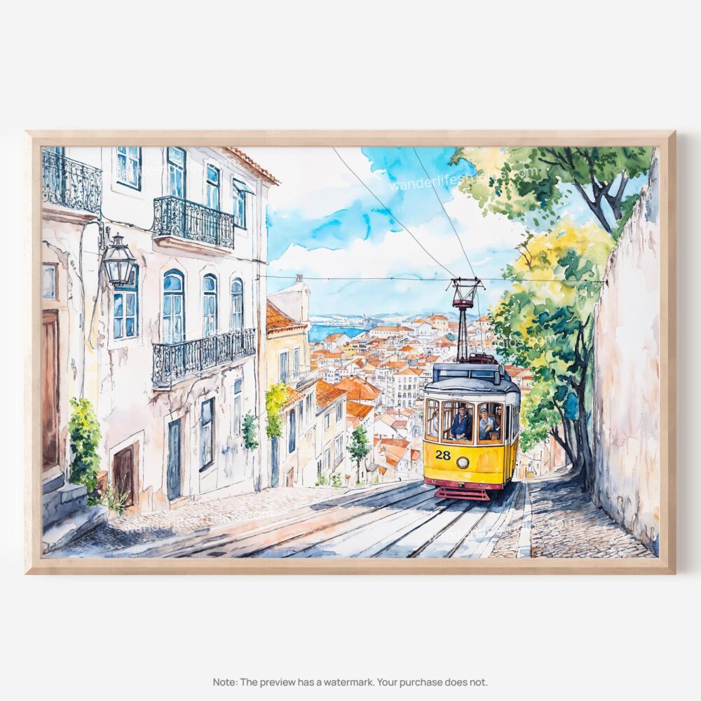 01 - Lisbon Tram 28 Watercolor Art - Horizontal Art - Digital Download - Main.jpg