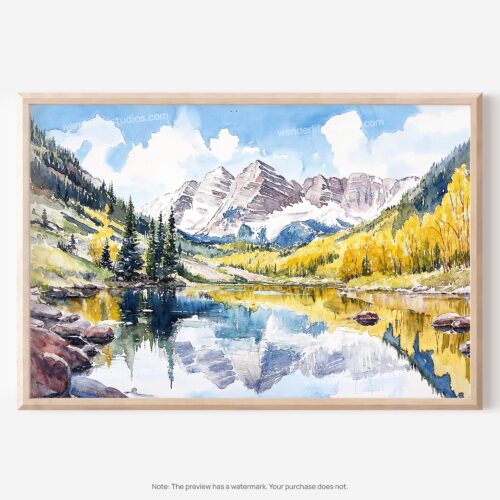 01 - Maroon Bells Aspen CO Watercolor - Horizontal Art - Digital Download - Main.jpg