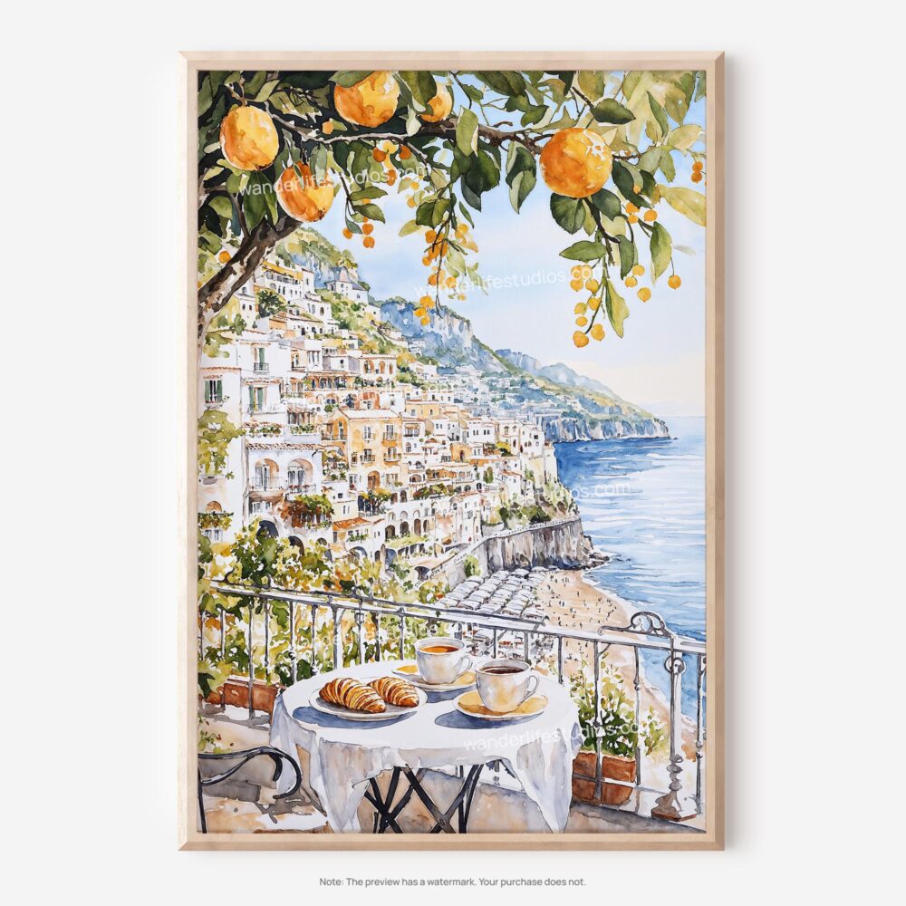01 - Morning Coffee in Amalfi Coast Watercolor Art - Digital Download - Main.jpg