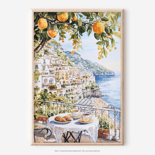 01 - Morning Coffee in Amalfi Coast Watercolor Art - Digital Download - Main.jpg