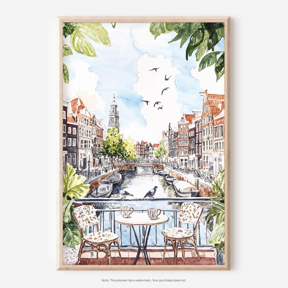 01 - Morning Coffee in Amsterdam Watercolor Art - Digital Download - Main.jpg