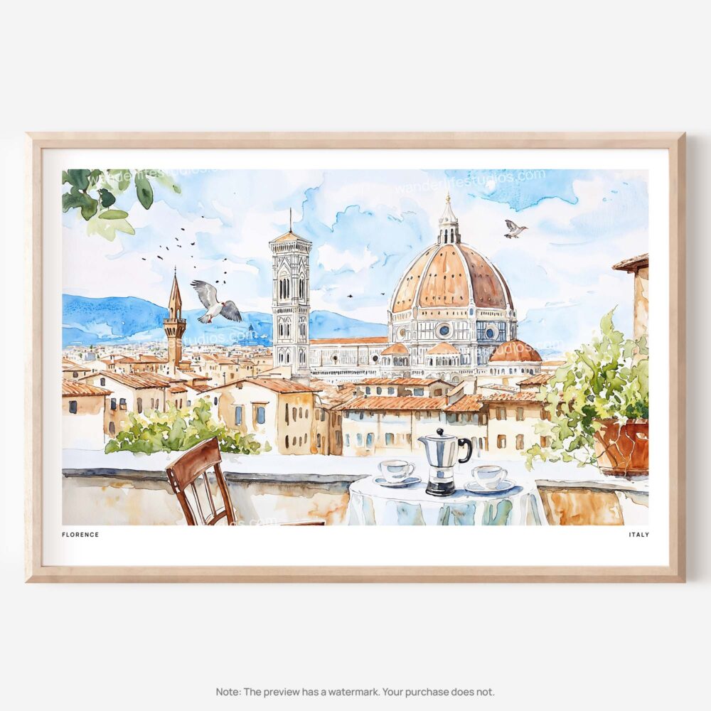 01 - Morning Coffee in Florence Italy with Cathedral Watercolor Art - Horizontal Art - Digital Download - Main.jpg