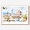 01 - Morning Coffee in Florence Italy with Cathedral Watercolor Art - Horizontal Art - Digital Download - Main.jpg