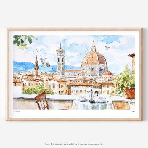 01 - Morning Coffee in Florence Italy with Cathedral Watercolor Art - Horizontal Art - Digital Download - Main.jpg